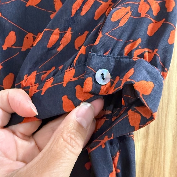 Pink Martini Navy Dress with Red/Orange Bird Design 50’s Vibes Tie Neck Vintage - Picture 8 of 14